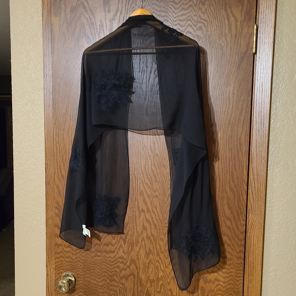 Delicate Black Flower Embroidered Scarf